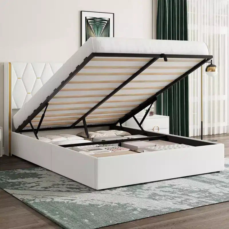 Cadre de lit relevable pleine grandeur avec rangement, lit plateforme moderne en velours.
