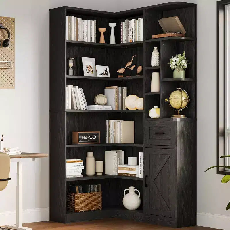 74 Inch Tall Corner Bookshelf, L-Shaped Black Bookcase with Storage for Living Room, Home Office and Bedroom