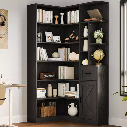 74 Inch Tall Corner Bookshelf, L-Shaped Black Bookcase with Storage for Living Room, Home Office and Bedroom