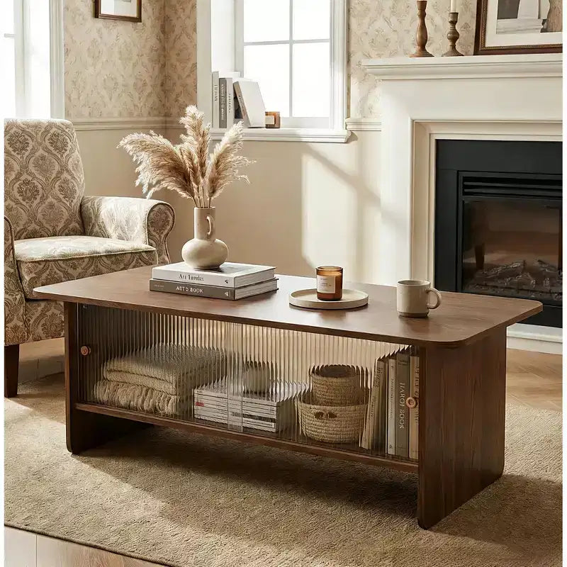 JVNOXK 47-inch rectangular modern minimalist coffee table with a storage cabinet featuring glass sliding doors for living rooms, bedrooms,brown