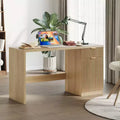 60 Modern Fluted Executive Desk with Drawers & Storage Cabinet, Natural Oak Wood Home Office Computer Desk, Writing Table for Study & Workspace
