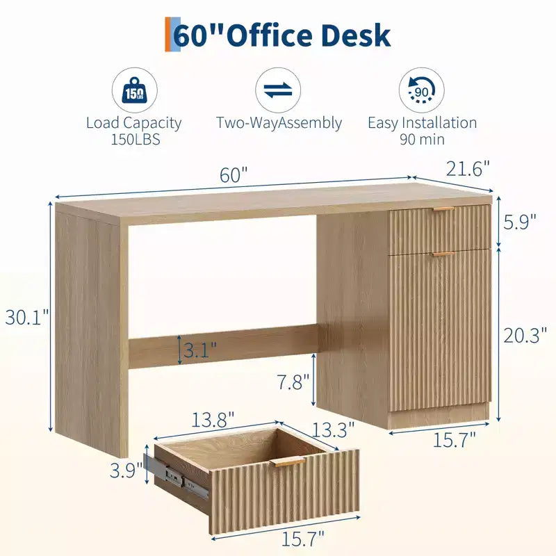 Bureau de direction cannelé moderne avec tiroirs et armoire de rangement