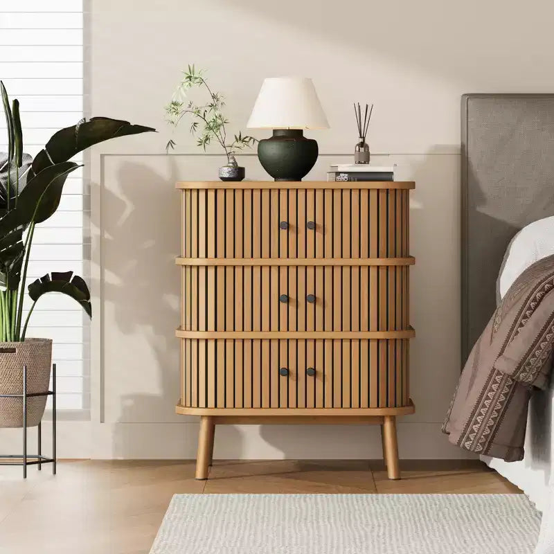 Mid-Century Modern 3 Drawer Dresser with Natural Wicker Rattan Sliding Door, Wooden Storage Cabinet with Tapered Legs for Bedroom and Living Room