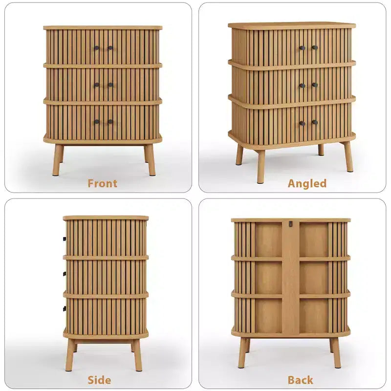 Commode Mid-Century Modern à 3 tiroirs avec porte coulissante en rotin tressé naturel