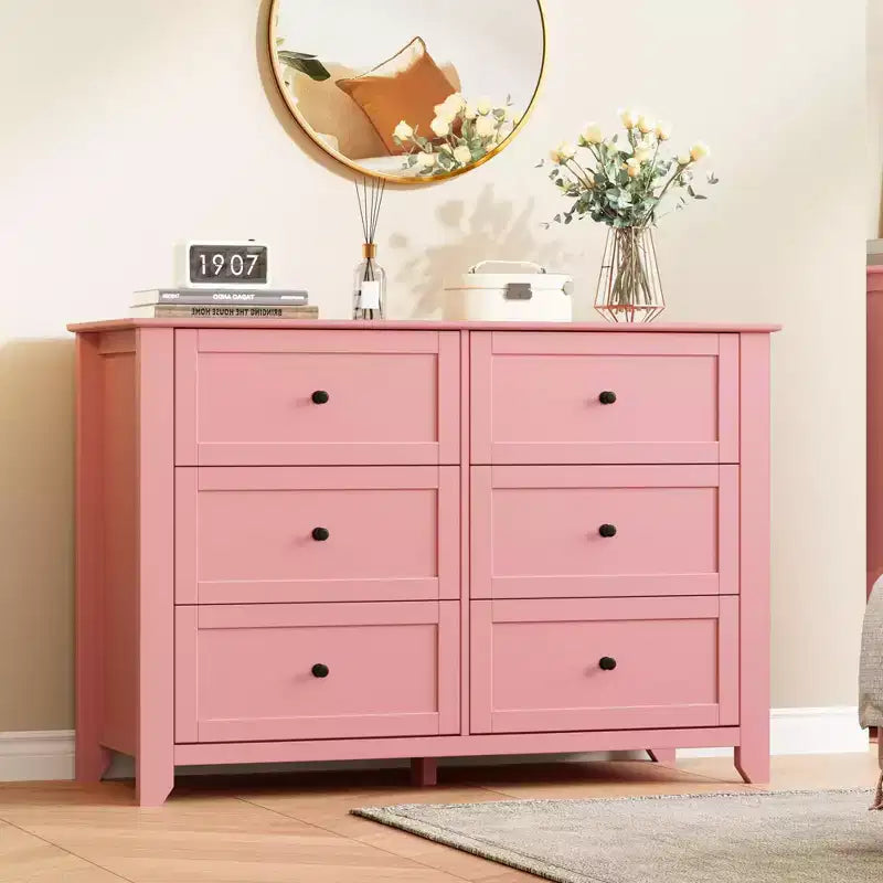 Wooden Dresser with 6 Drawers,Pink Dresser with Deep Drawers & Metal Knobs,Wood Closet Clothes Storage Organizer for Bedroom