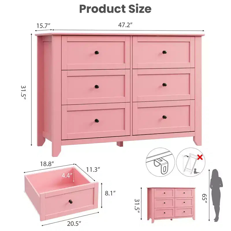 Commode en bois à 6 tiroirs, commode rose à tiroirs profonds