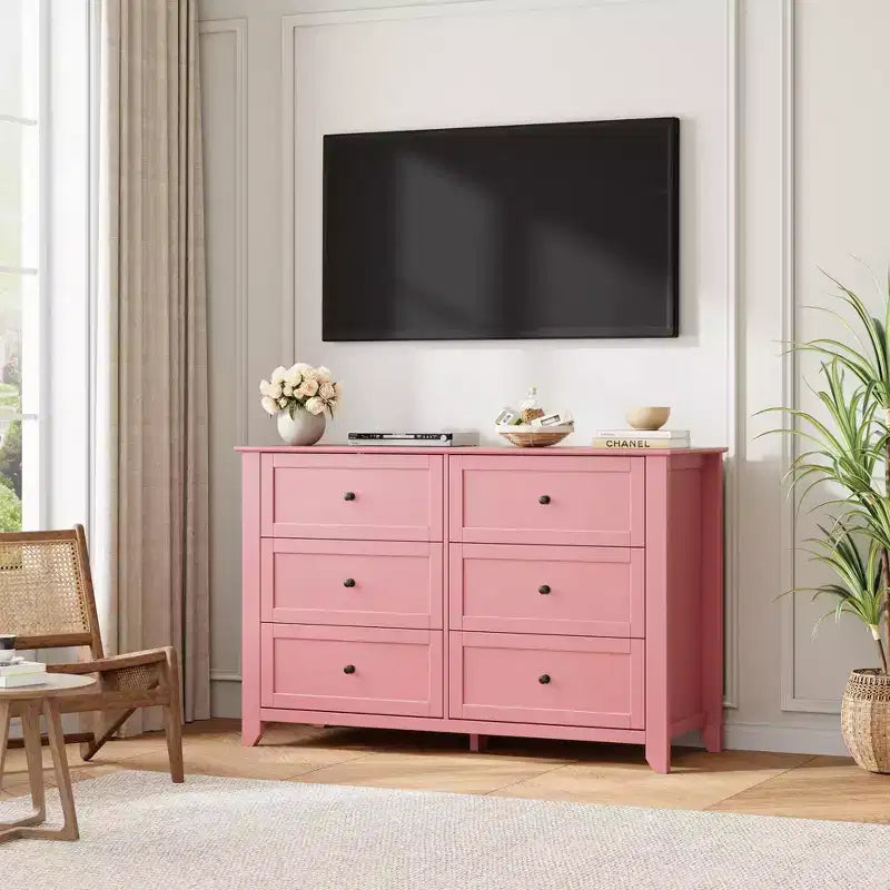 Commode en bois à 6 tiroirs, commode rose à tiroirs profonds