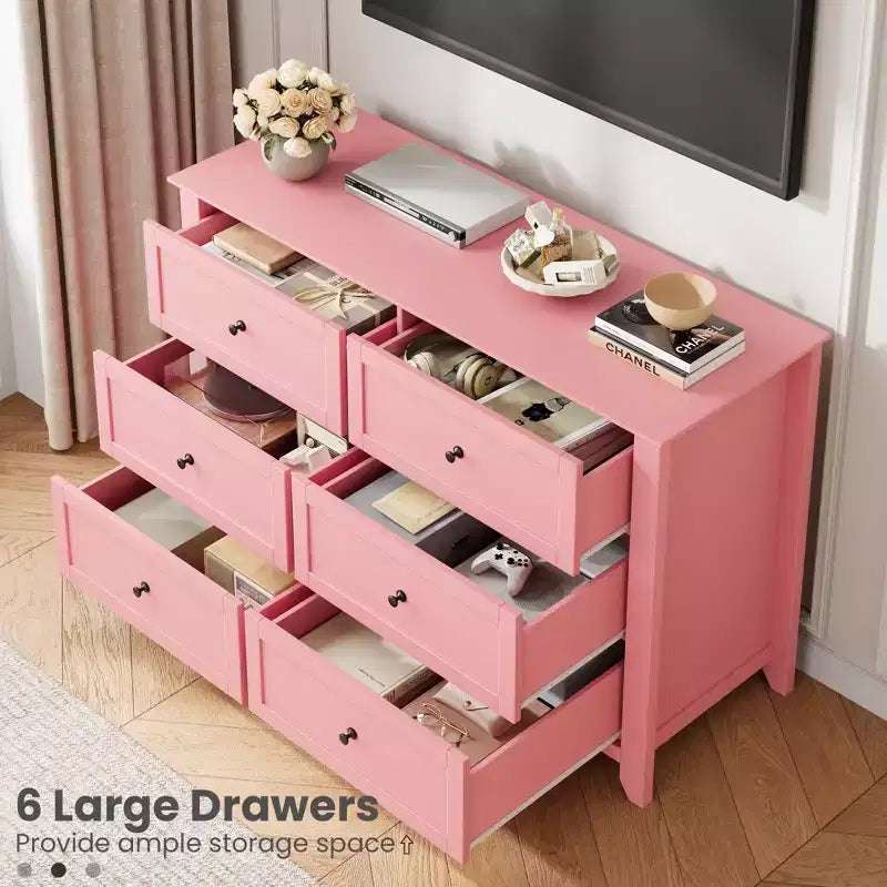 Commode en bois à 6 tiroirs, commode rose à tiroirs profonds