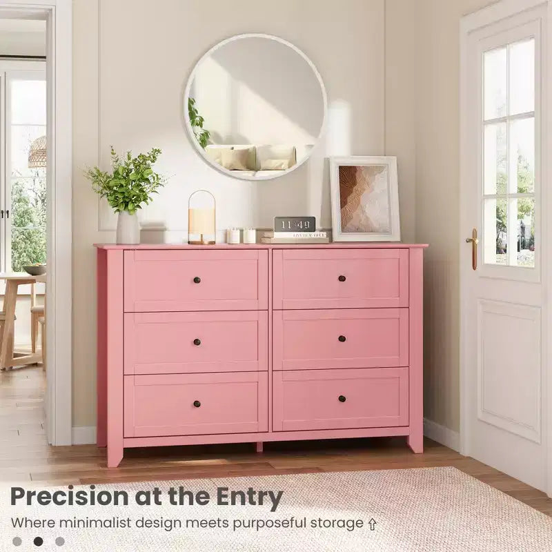 Commode en bois à 6 tiroirs, commode rose à tiroirs profonds
