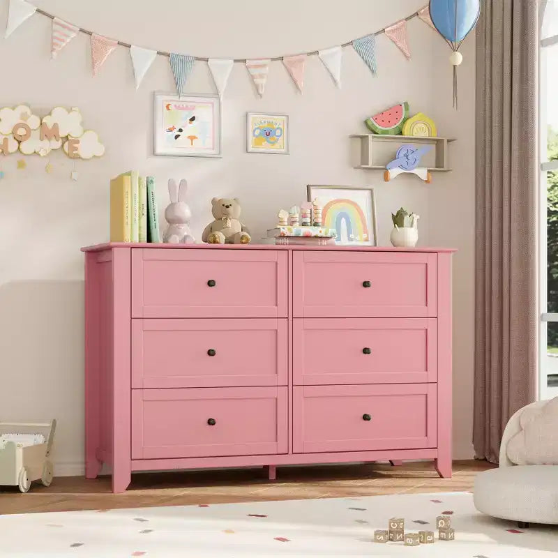 Commode en bois à 6 tiroirs, commode rose à tiroirs profonds