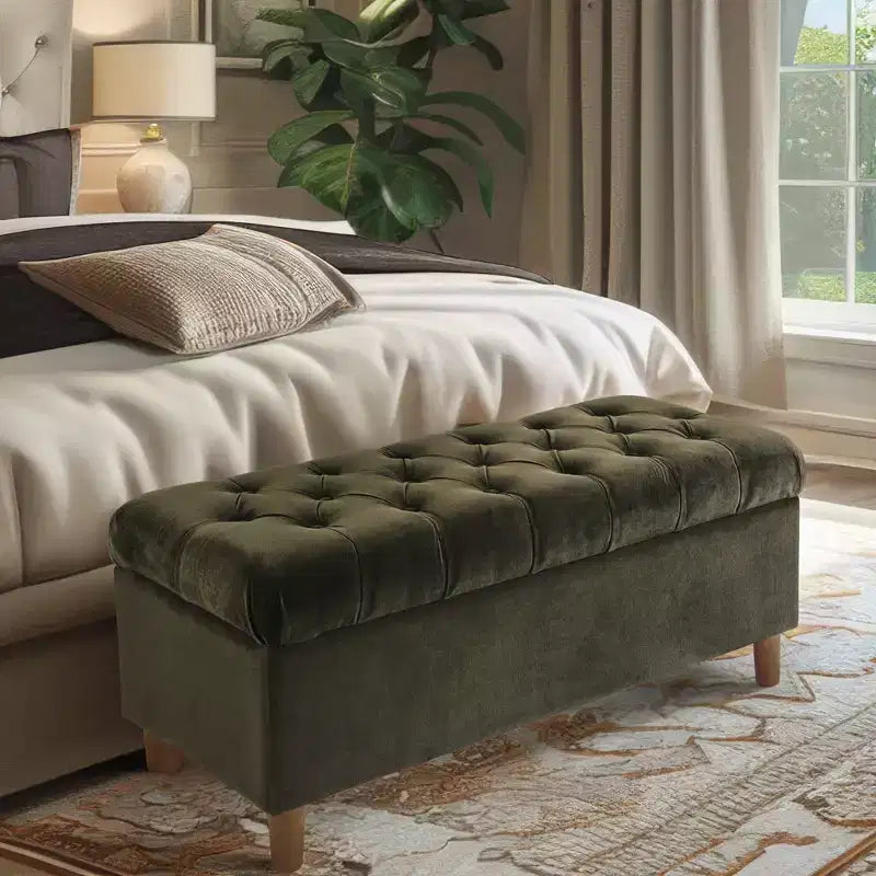 Banc de rangement capitonné avec pieds coniques en bois