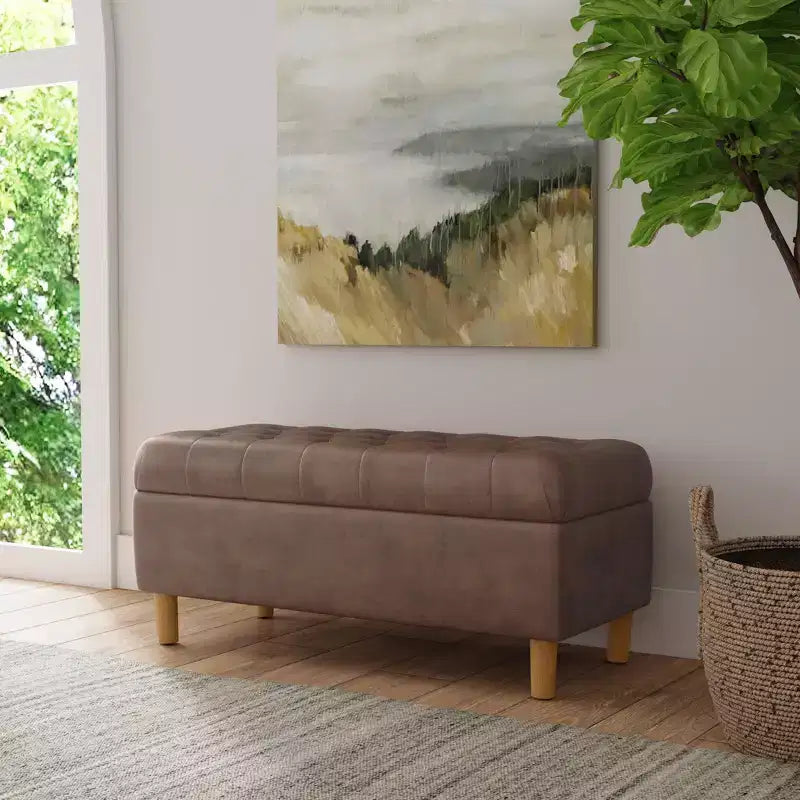 Button Tufted Storage Bench with Cone Wood Legs - HomePop