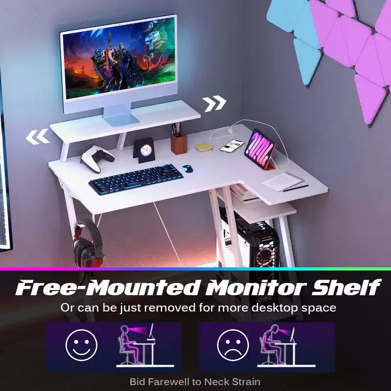 Bureau de jeu en forme avec prises et ports USB et étagère pour écran