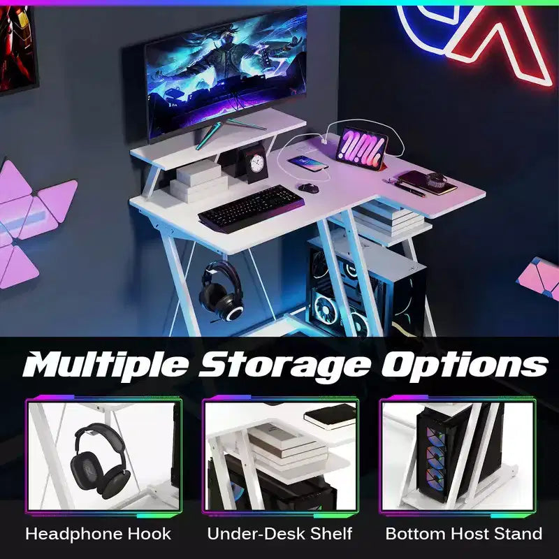 Bureau de jeu en forme avec prises et ports USB et étagère pour écran