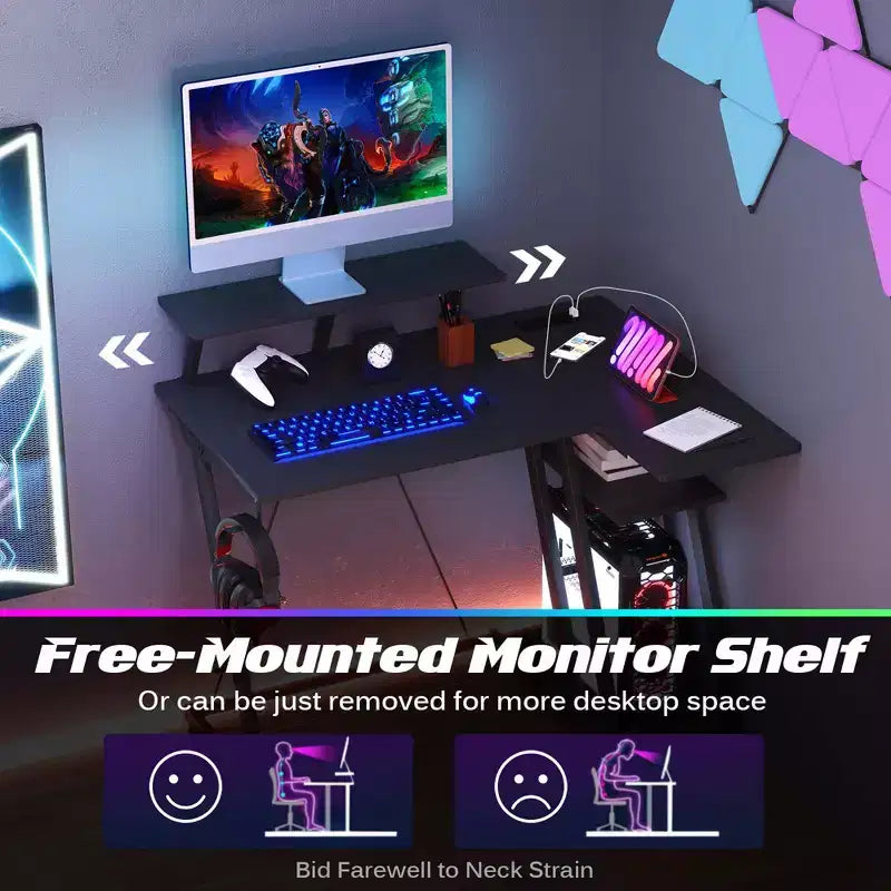 Bureau de jeu en forme avec prises et ports USB et étagère pour écran