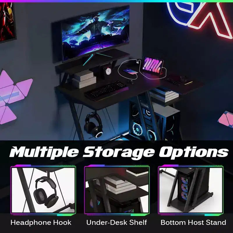 Bureau de jeu en forme avec prises et ports USB et étagère pour écran