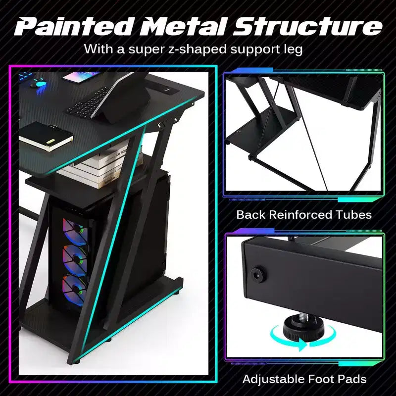 Bureau de jeu en forme avec prises et ports USB et étagère pour écran